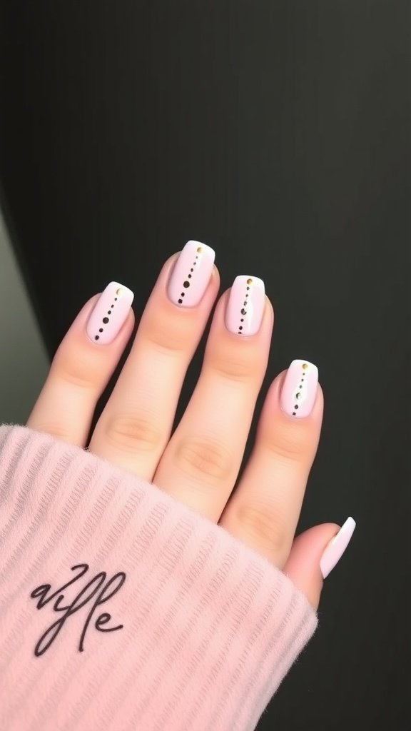 A close-up of minimalist nail art featuring pink nails with white tips and black dots.