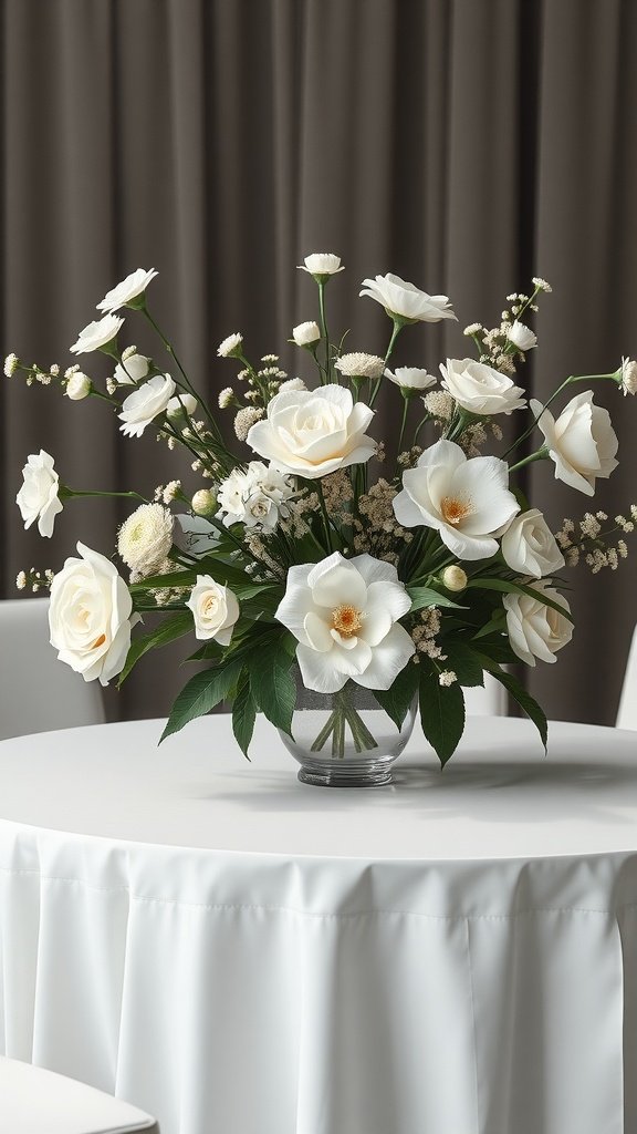 Elegant white flower arrangement on a wedding table.