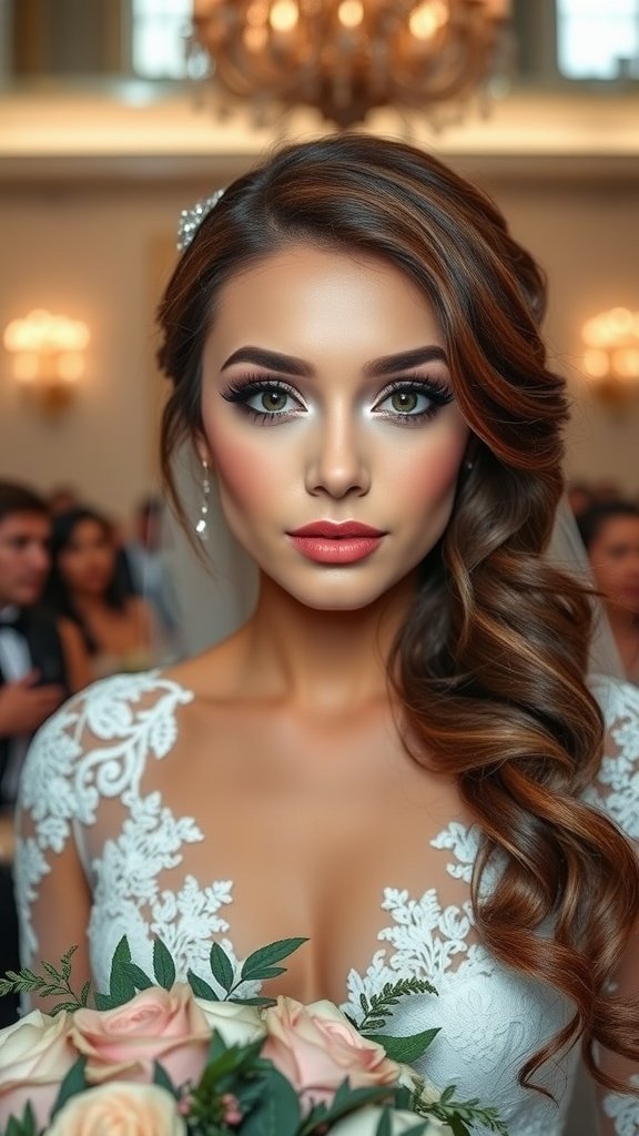 A bride with soft pastel makeup and a bouquet, showcasing muted colors around her brown eyes.