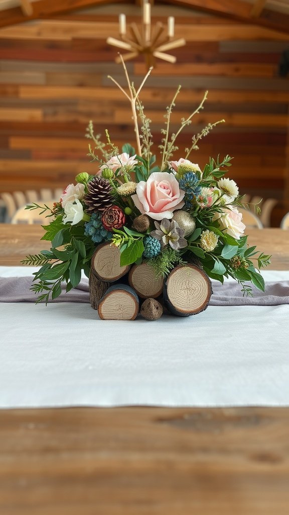 A wedding centerpiece featuring flowers, pinecones, and greenery arranged on a wooden base.