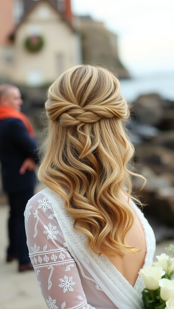 A bride with natural half-up hair styled in beachy waves, showcasing a twisted back and flowing locks