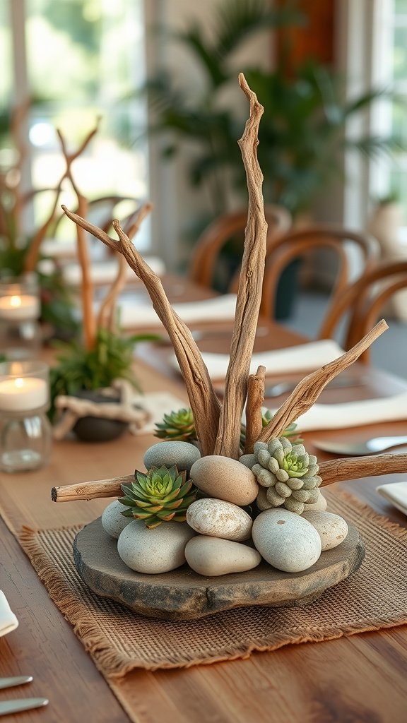 Nature-inspired wedding centerpiece with stones, wood, and succulents