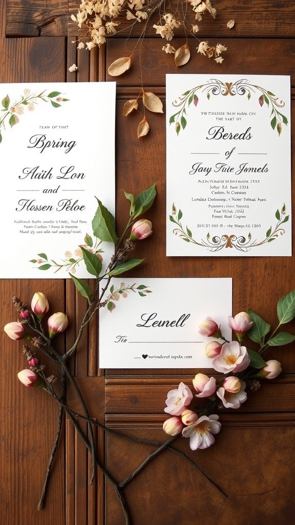 Spring wedding invitations with floral motifs on a wooden background.