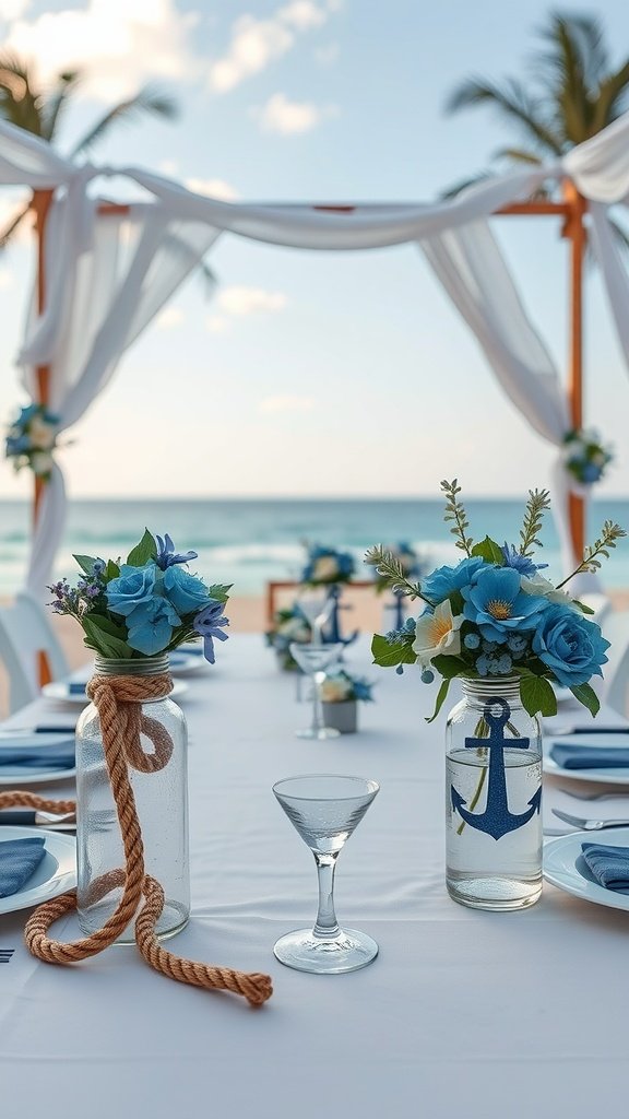 Nautical themed wedding centerpieces featuring blue flowers in glass jars with anchor designs, set against a beach backdrop.