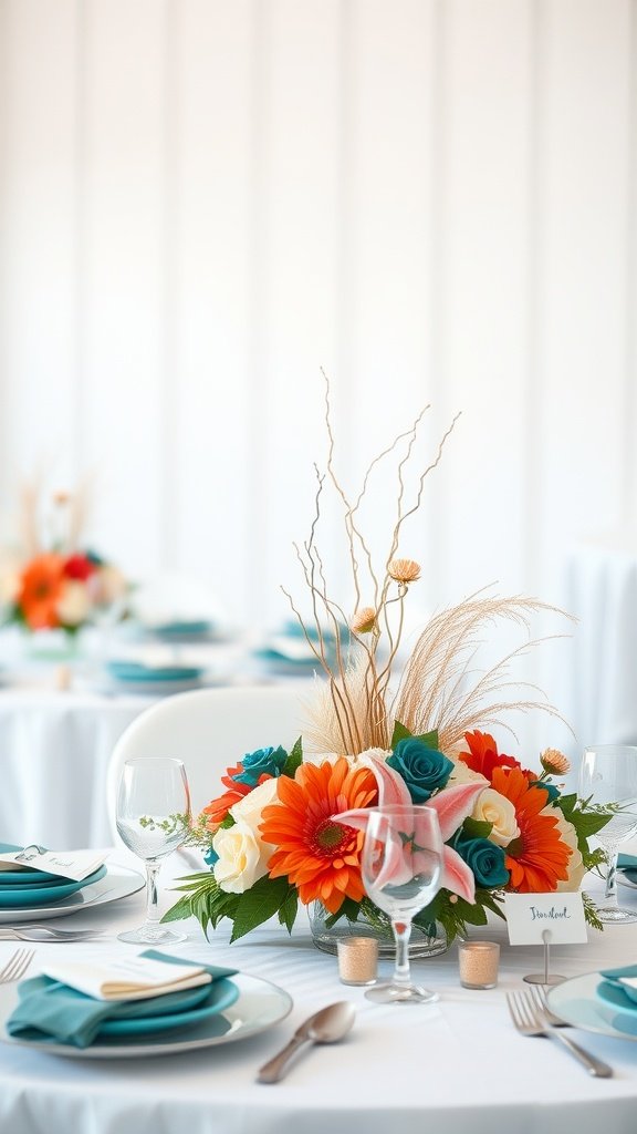 A vibrant beach wedding centerpiece with orange and teal flowers, complemented by natural elements like wheat.