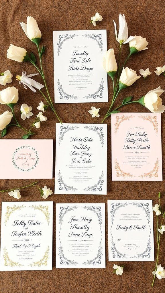 A collection of pastel-colored wedding invitations arranged with flowers