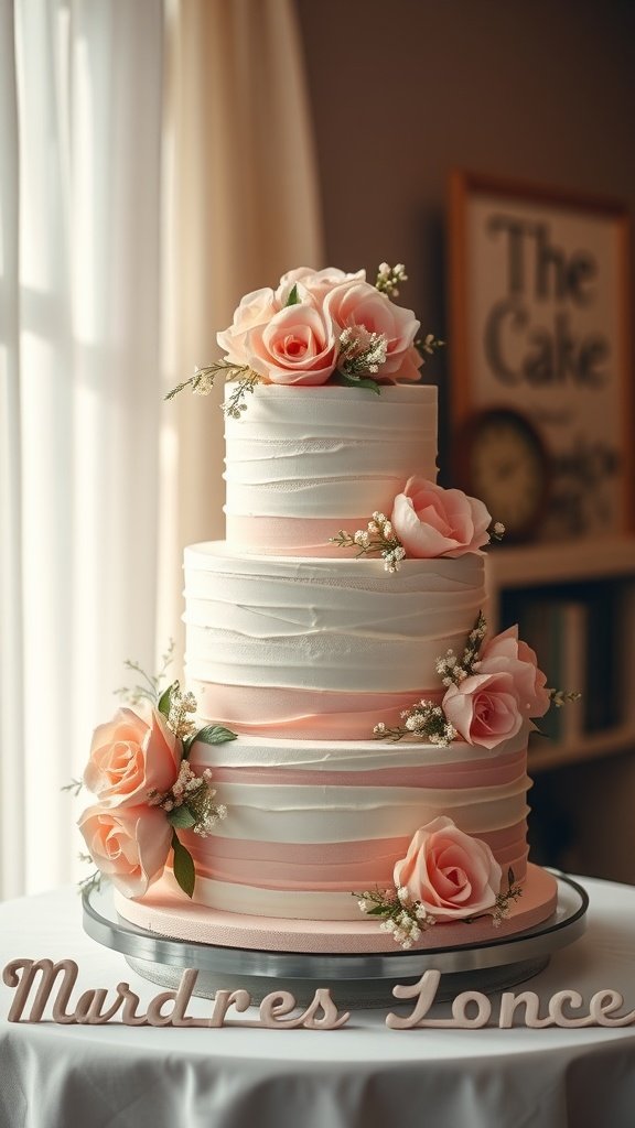 A three-tiered wedding cake adorned with pastel pink roses and delicate flowers, featuring smooth white and pink fondant layers.