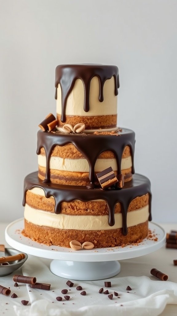 A three-tier wedding cake with peanut butter and chocolate layers, decorated with chocolate drizzle and accents.