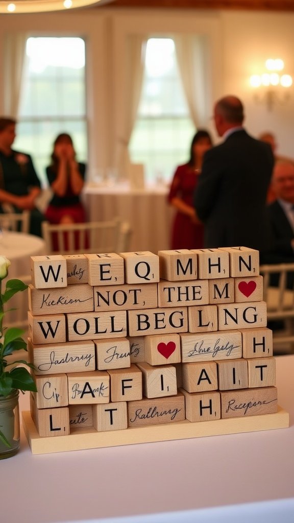 A creative guest book display made from wooden blocks at a wedding reception.