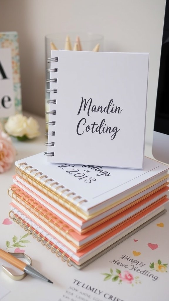 Stack of personalized notebooks for wedding favors on a table