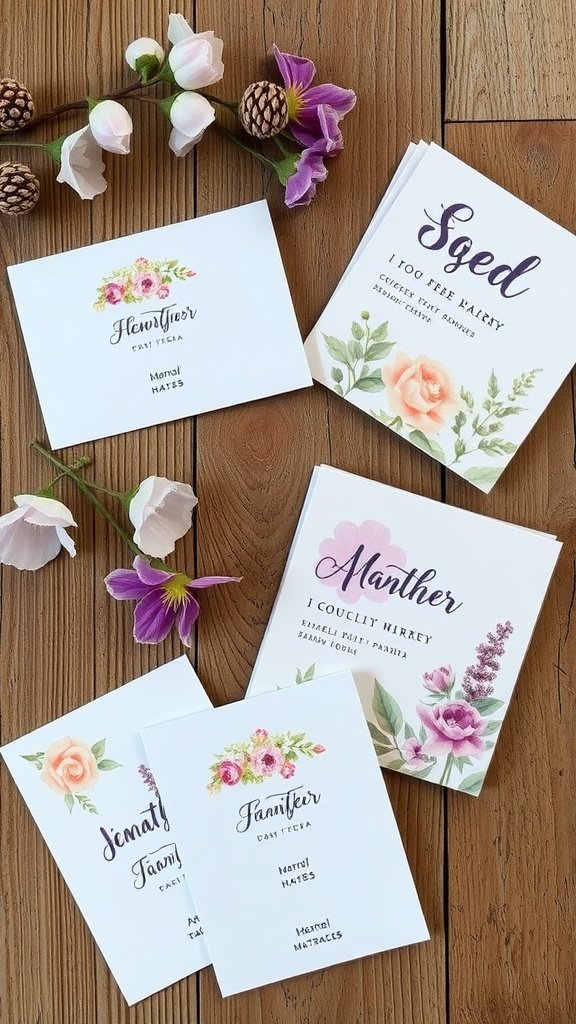 Personalized seed packets with floral designs arranged on a wooden table