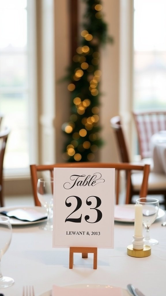 A beautifully set dining table with a personalized table number 23 displayed in a wooden stand, surrounded by elegant tableware.