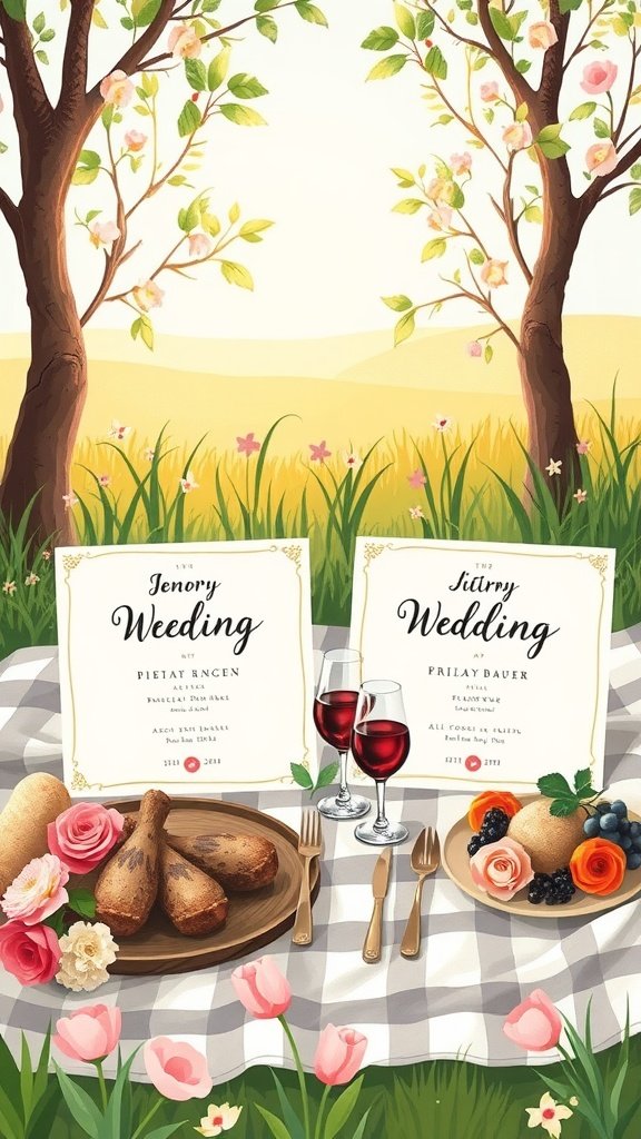 Spring wedding invitations on a picnic blanket with food and flowers