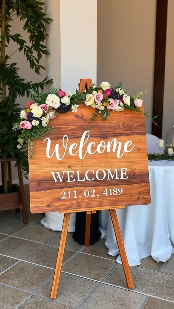 A wooden welcome sign decorated with flowers, displaying the word 'Welcome' and some numbers