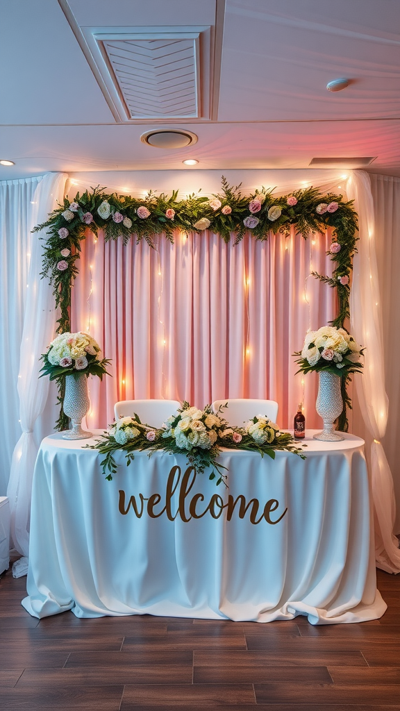 A wedding welcome table with photos, a wreath, candles, and flowers.