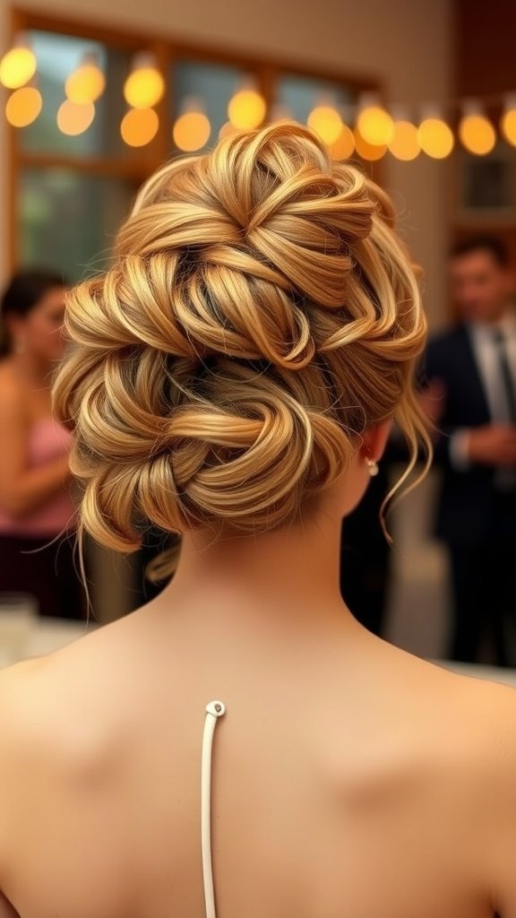 A beautiful messy bun hairstyle for wedding with a soft romantic flair.