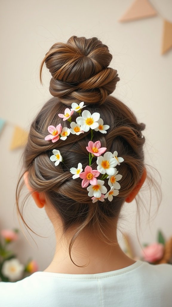 A bride with a playful top knot hairstyle adorned with dainty flowers.