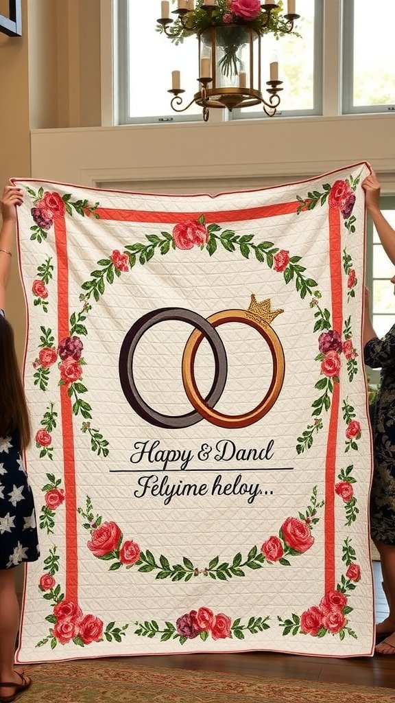 A quilt featuring wedding rings design with floral elements and a message, held by two individuals.