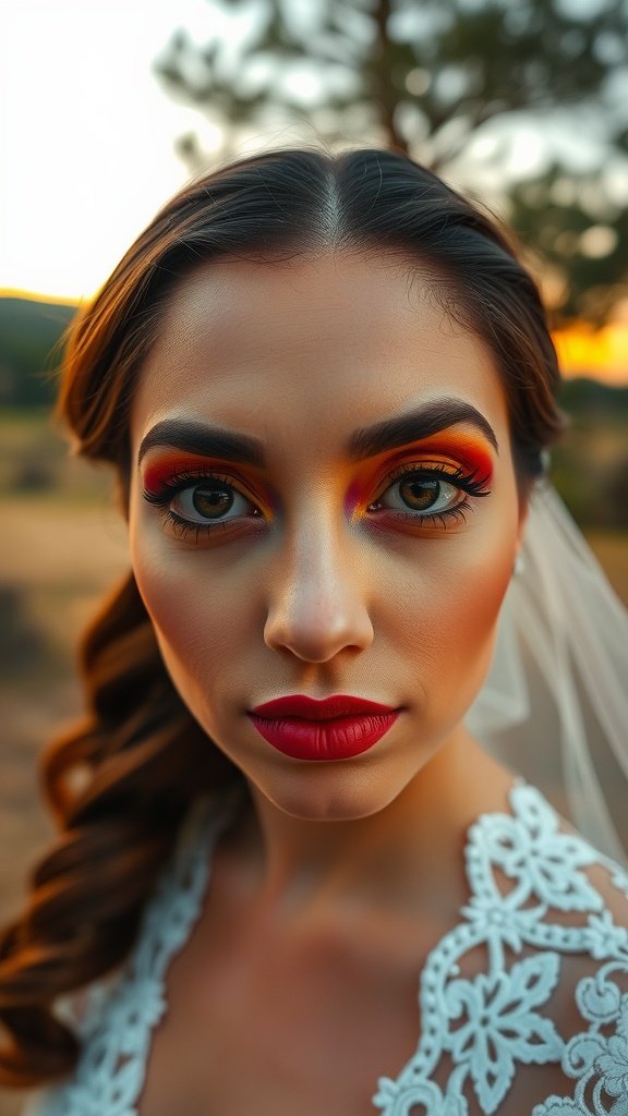 Bride with sunset-inspired makeup featuring vibrant hues of orange, red, and yellow, complemented by a classic red lip.