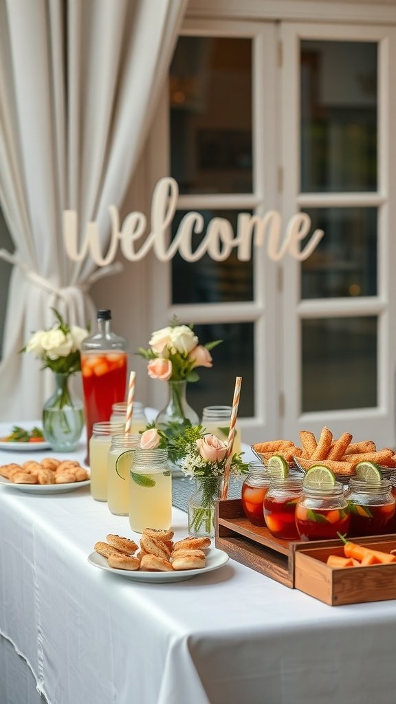 A beautifully arranged wedding welcome table featuring drinks and snacks.