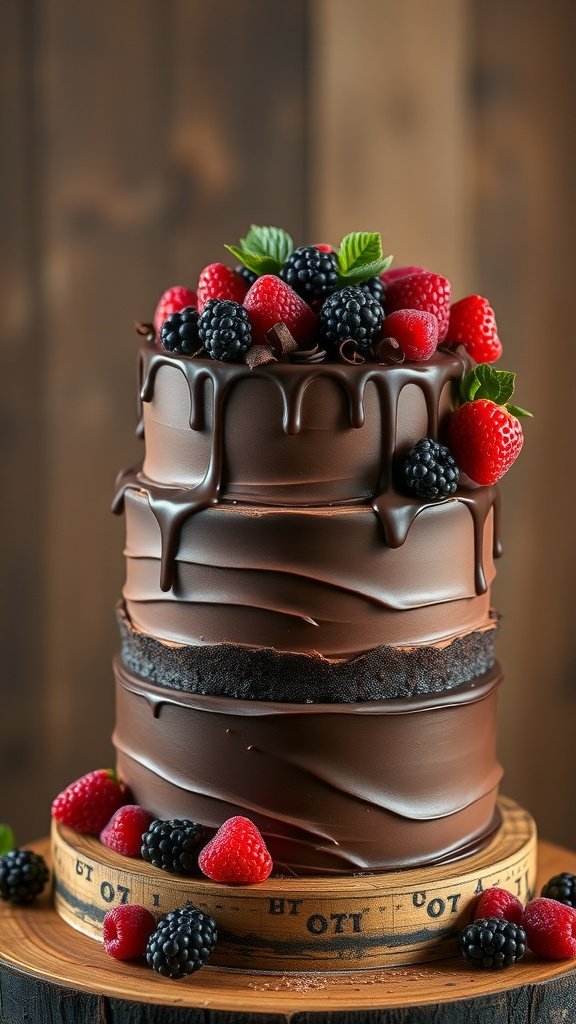 A rich chocolate ganache cake layered with berries and mint.