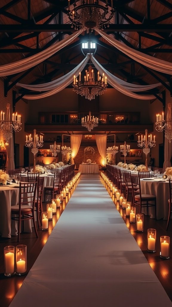 An indoor wedding venue decorated with candles, chandeliers, and elegant fabric draping, creating a romantic atmosphere.