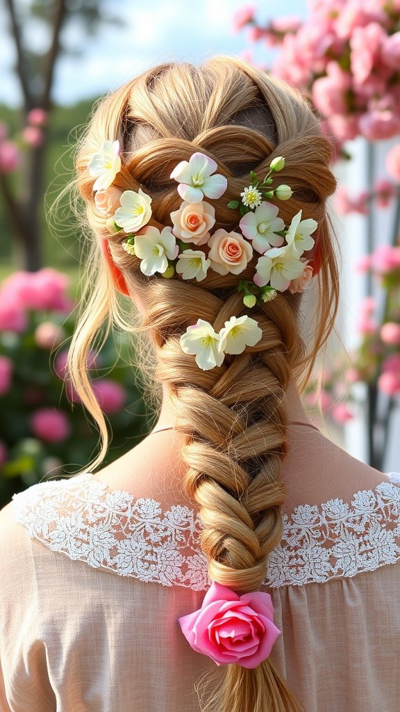 A romantic Dutch braid adorned with cascading flowers, styled on a bride