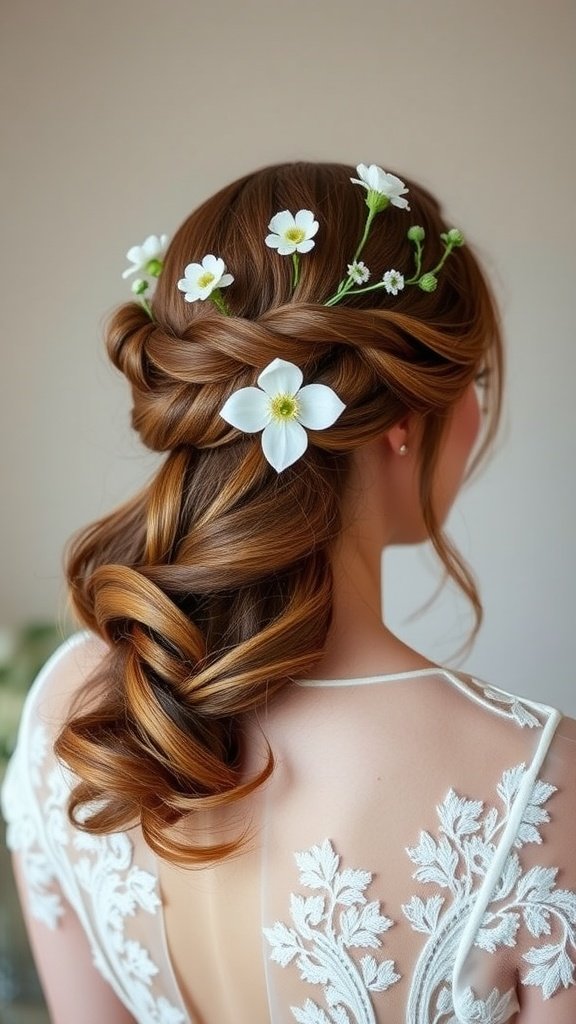 A romantic half-up braided crown hairstyle adorned with white flowers, showcasing elegant waves.