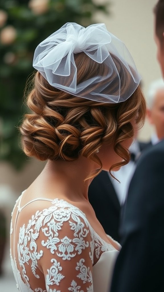 Bride with short hair styled in romantic loose curls and a delicate white veil.