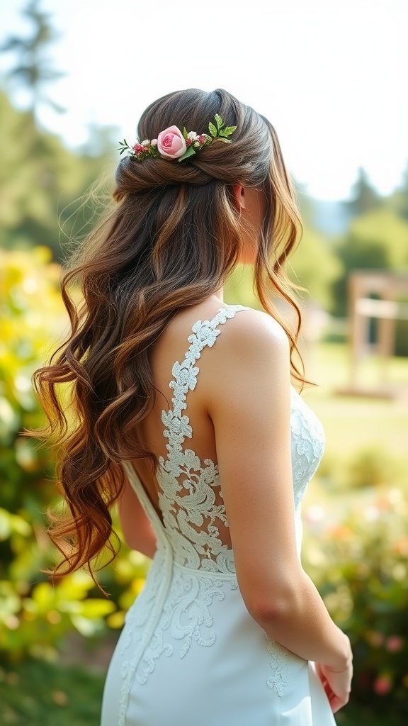 A bride with loose waves and a floral accessory in her hair, showcasing a romantic boho hairstyle.