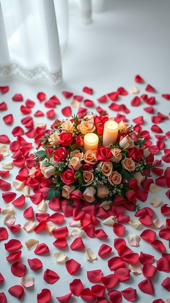 A romantic wedding centerpiece featuring roses and candles surrounded by rose petals.