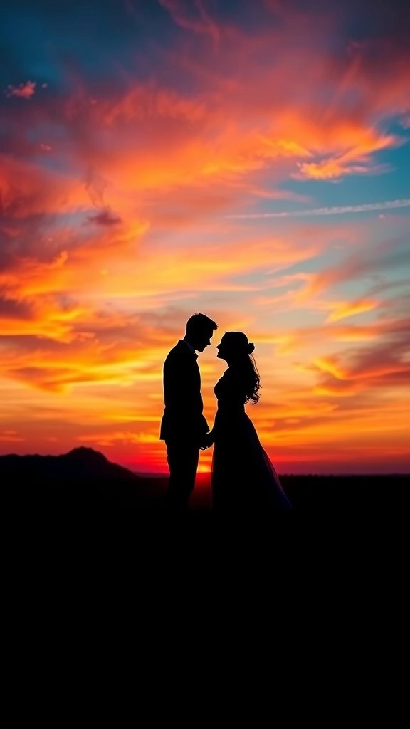 Silhouetted couple against a vibrant sunset