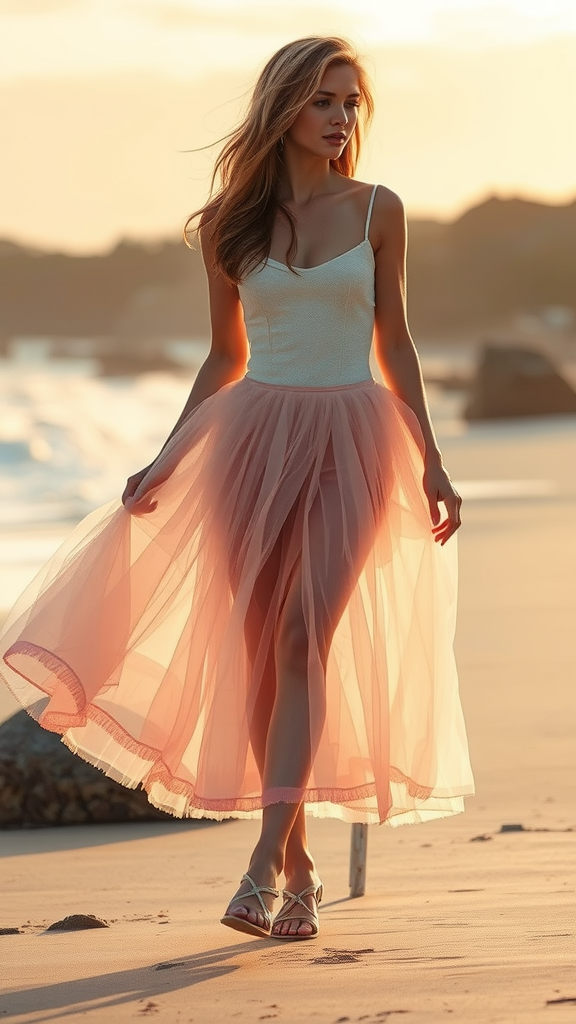 Bride wearing a romantic tulle skirt on the beach at sunset.