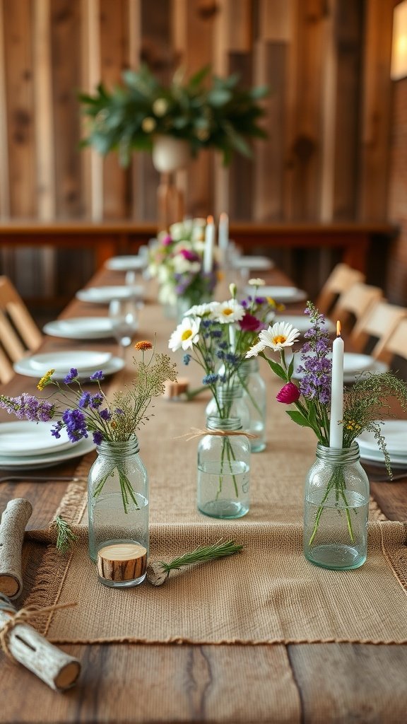 A rustic farmhouse wedding tablescape featuring glass jars with flowers, candles, and a burlap table runner.