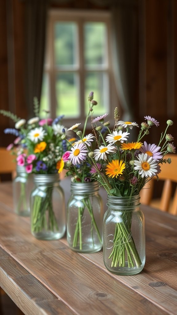 A rustic table setting featuring mason jars filled with colorful wildflowers.