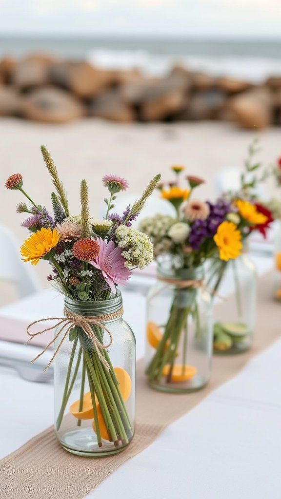 Rustic mason jar centerpieces with colorful flowers and citrus slices on a beach wedding table