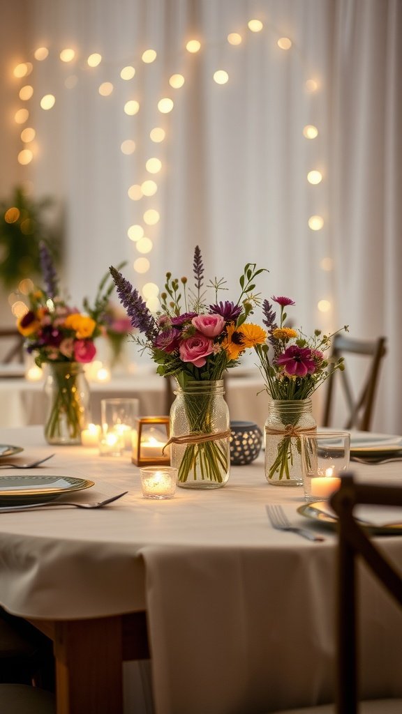 Rustic table setting with mason jar centerpieces filled with colorful flowers and candles