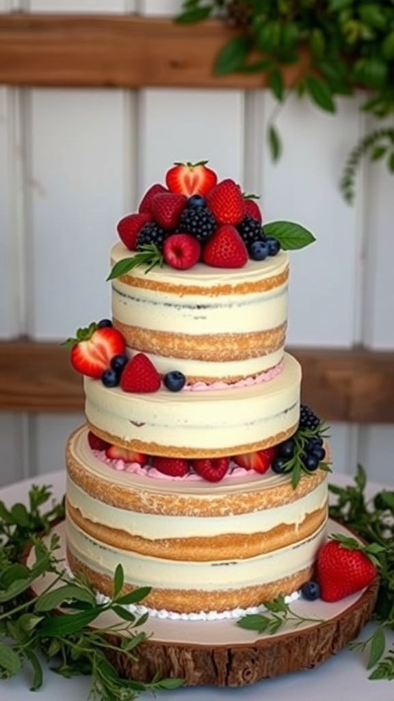 A rustic naked cake with three layers, topped with fresh berries and surrounded by greenery.