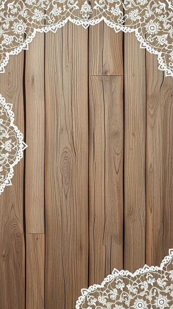 A rustic wood texture background with a delicate lace border