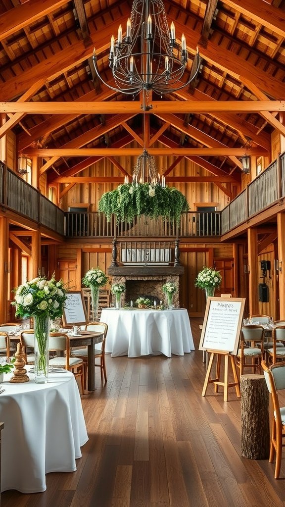 Indoor wedding venue with rustic wooden decor, floral arrangements, and a chandelier