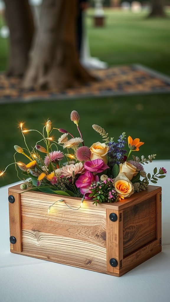 A rustic wooden box centerpiece filled with colorful flowers and twinkling lights on a table.