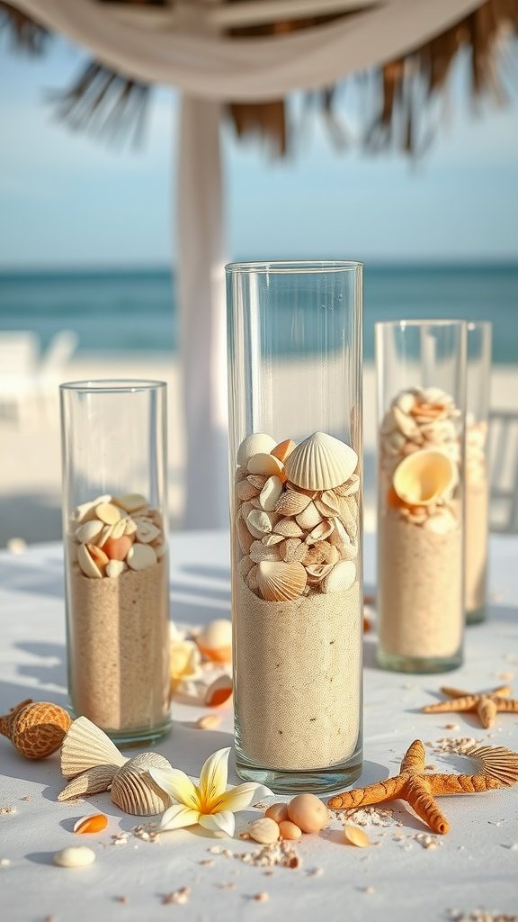 Glass vases filled with sand and seashells, arranged for a beach wedding centerpiece with scattered seashells and a starfish.