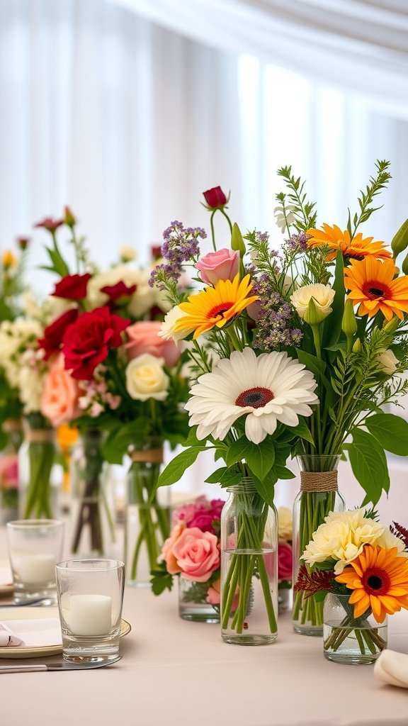 A beautiful wedding table with seasonal flower arrangements including daisies, roses, and sunflowers in glass vases.