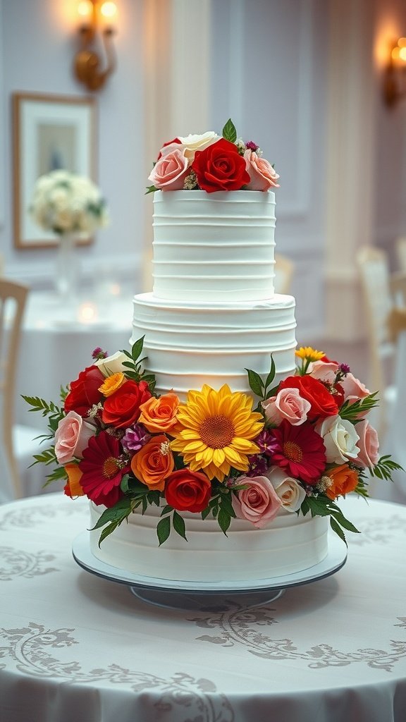 A three-tiered wedding cake adorned with seasonal flowers, including roses and sunflowers, set on a beautifully decorated table.