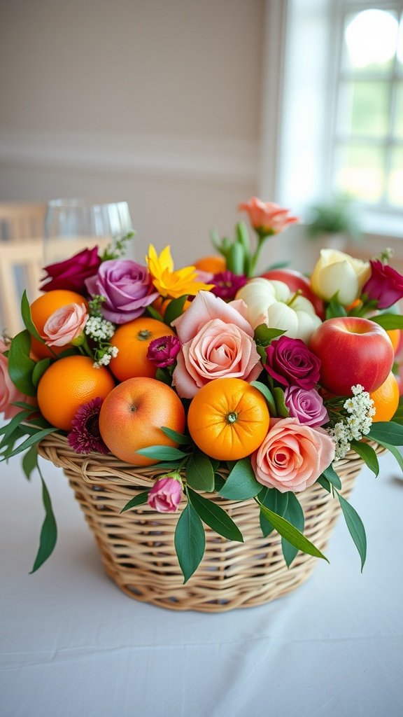 A beautiful wedding centerpiece featuring a mix of colorful seasonal fruits and flowers in a wicker basket.