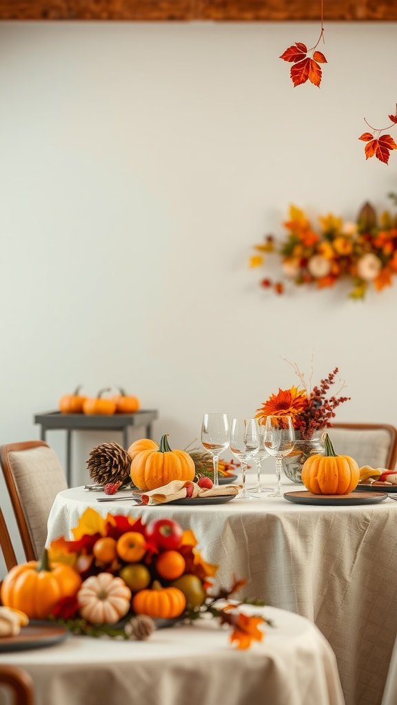 Beautiful autumn-themed table decor featuring pumpkins, fall leaves, and elegant glassware.