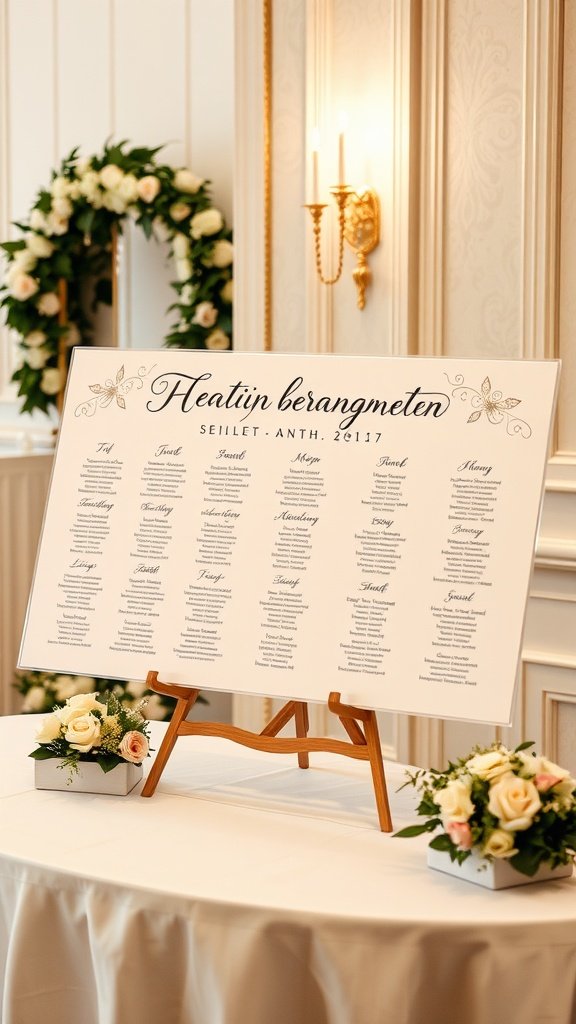 Elegant seating arrangement board at a wedding welcome table with floral decorations.