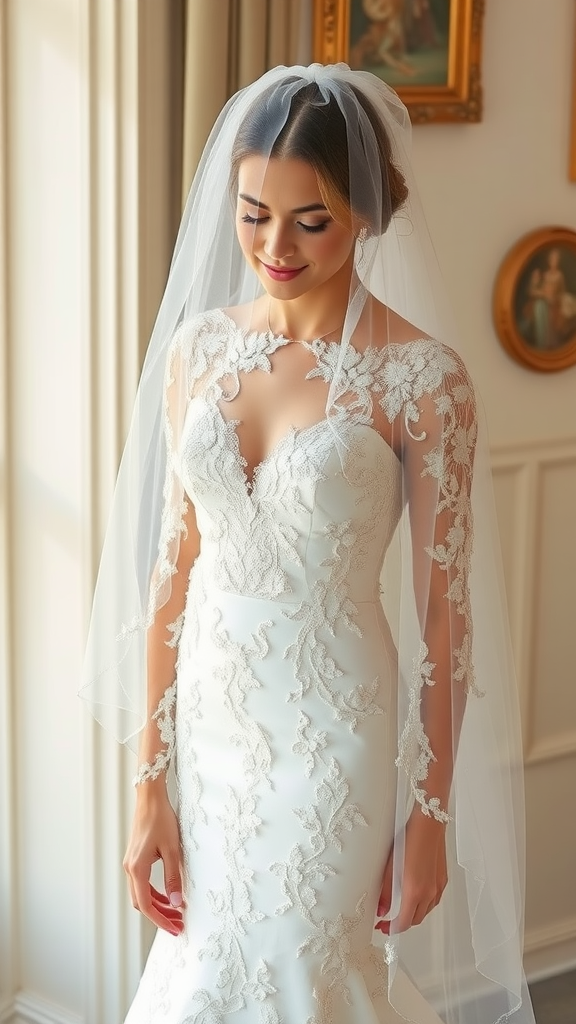 Wedding dress with sheer overlay sleeves displayed on a hanger, set against a soft fabric backdrop.