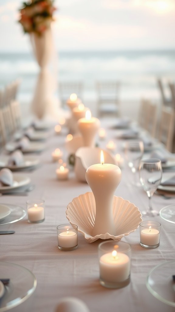 A beach wedding table with shell candles as centerpieces, creating a romantic setting.