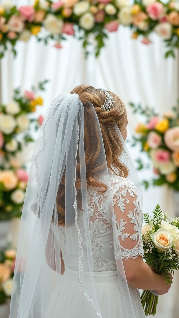 A bride with side-swept curls and a lace veil, holding a bouquet in front of a floral backdrop.